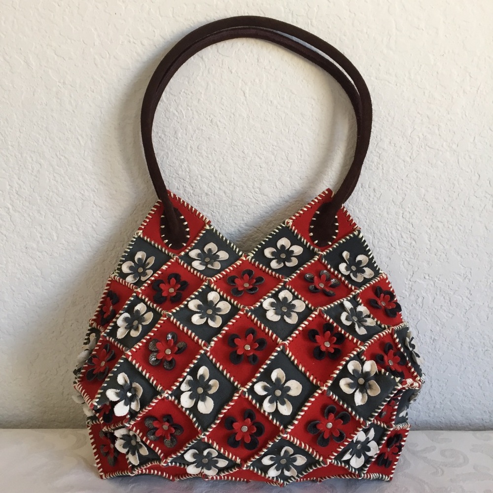 leather flower applique whipstitch patchwork bag